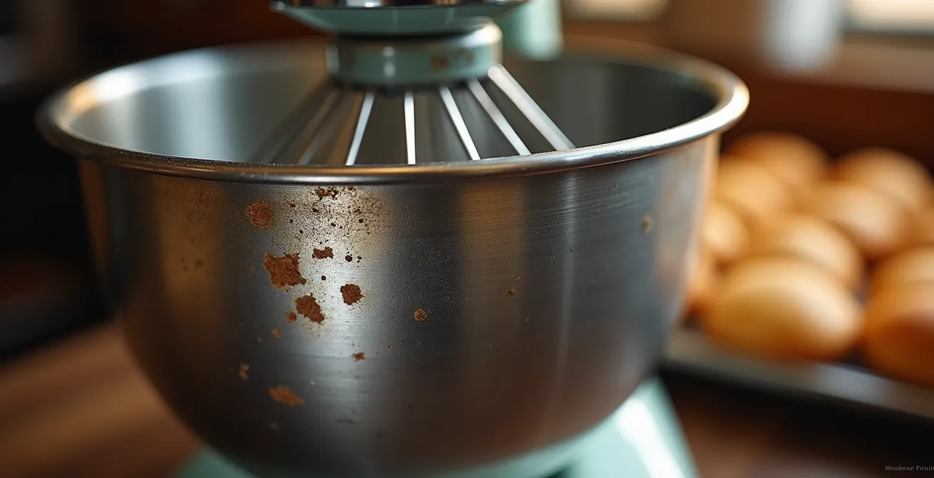 Axe Macro & Textural : Détail extrême de l'acier inoxydable d'un batteur professionnel montrant l'usure naturelle et les micro-rayures