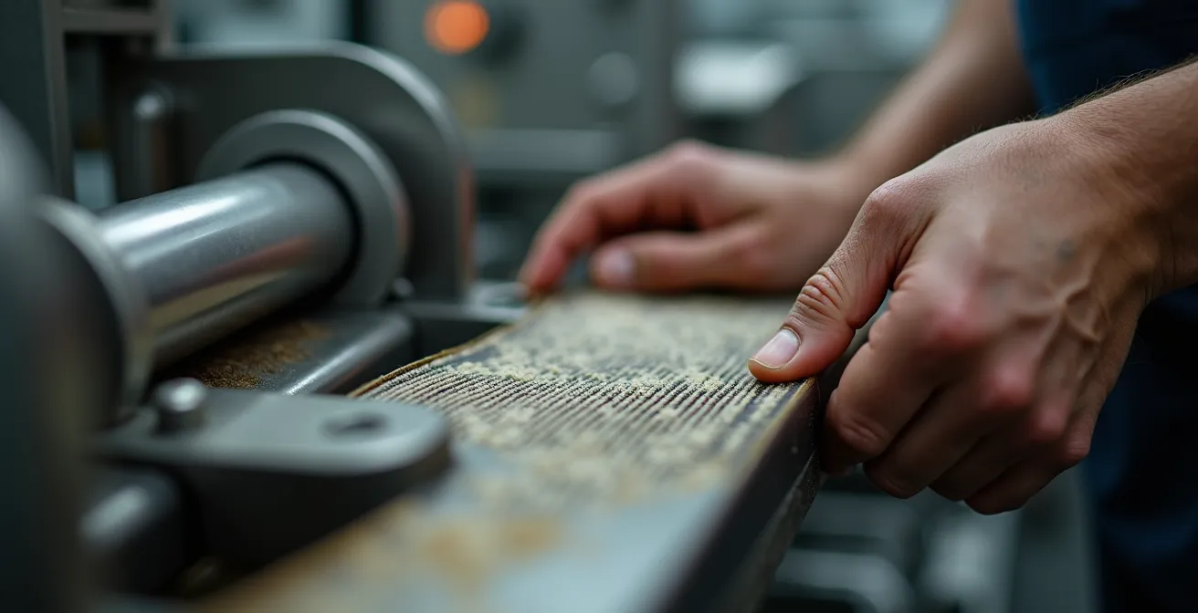 Gros plan sur l'inspection des courroies d'un pétrin professionnel