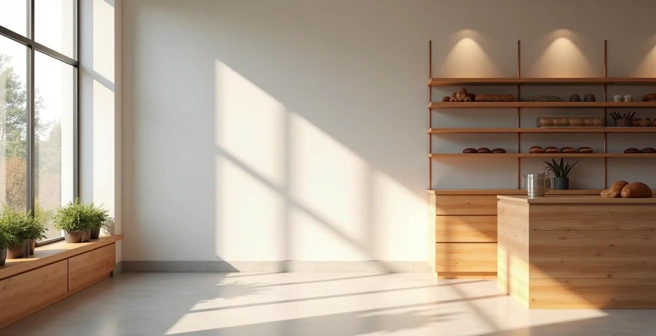 Axe Environnemental & Minimaliste : Plan large d'un espace de vente moderne de boulangerie avec lumière naturelle traversant de grandes vitrines