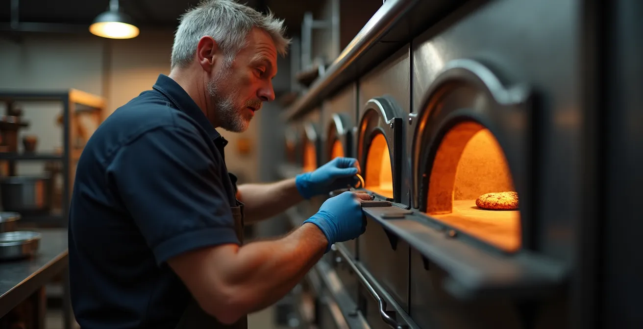 Axe Humain & Émotionnel : Mains expertes d'un technicien inspectant les connexions d'un four professionnel