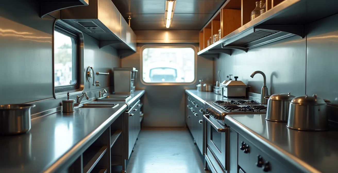 Vue d'ensemble d'un espace de travail ergonomique dans un food truck professionnel